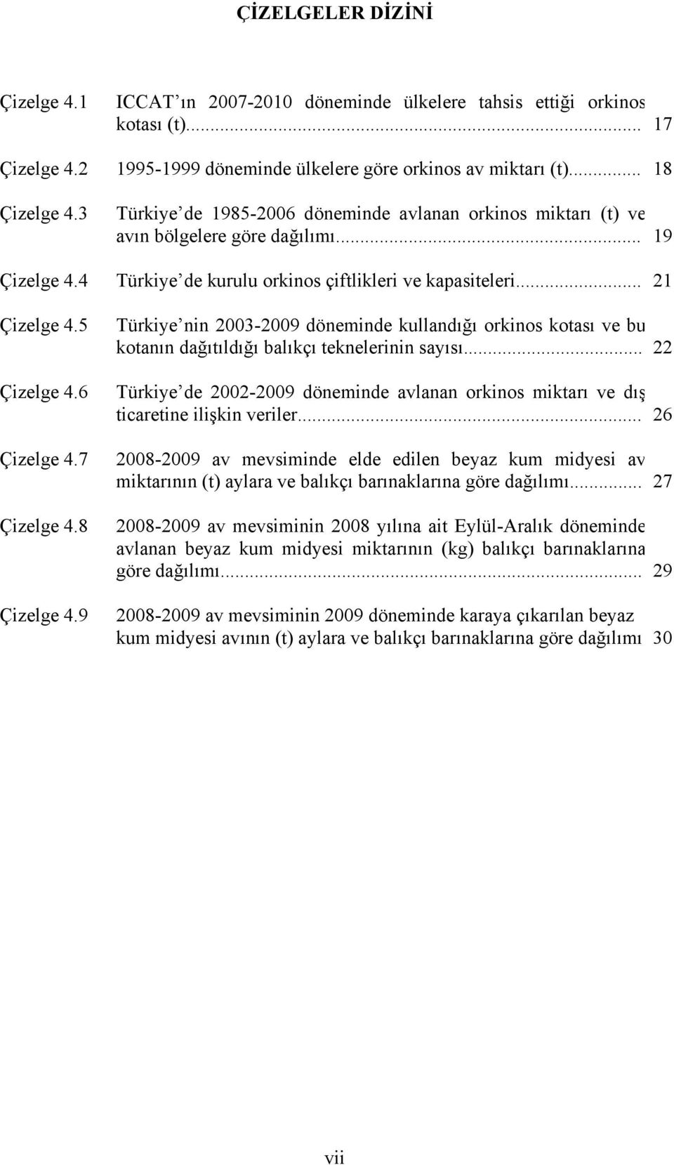 6 Çizelge 4.7 Çizelge 4.8 Çizelge 4.9 Türkiye nin 2003-2009 döneminde kullandığı orkinos kotası ve bu kotanın dağıtıldığı balıkçı teknelerinin sayısı.