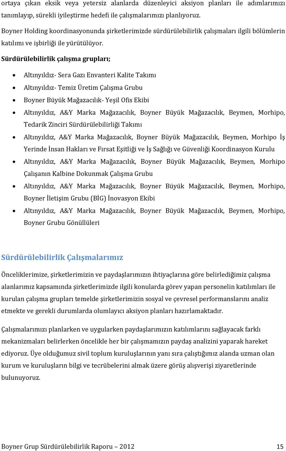 Sürdürülebilirlik çalışma grupları; Altınyıldız- Sera Gazı Envanteri Kalite Takımı Altınyıldız- Temiz Üretim Çalışma Grubu Boyner Büyük Mağazacılık- Yeşil Ofis Ekibi Altınyıldız, A&Y Marka