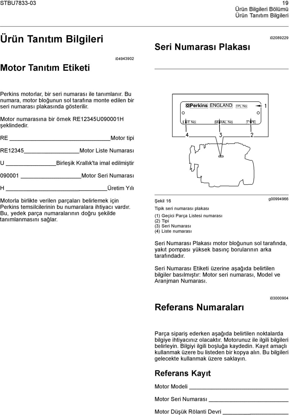 RE Motor tipi RE12345 Motor Liste Numarası U Birleşik Krallık'ta imal edilmiştir 090001 Motor Seri Numarası H Üretim Yılı Motorla birlikte verilen parçaları belirlemek için Perkins temsilcilerinin bu