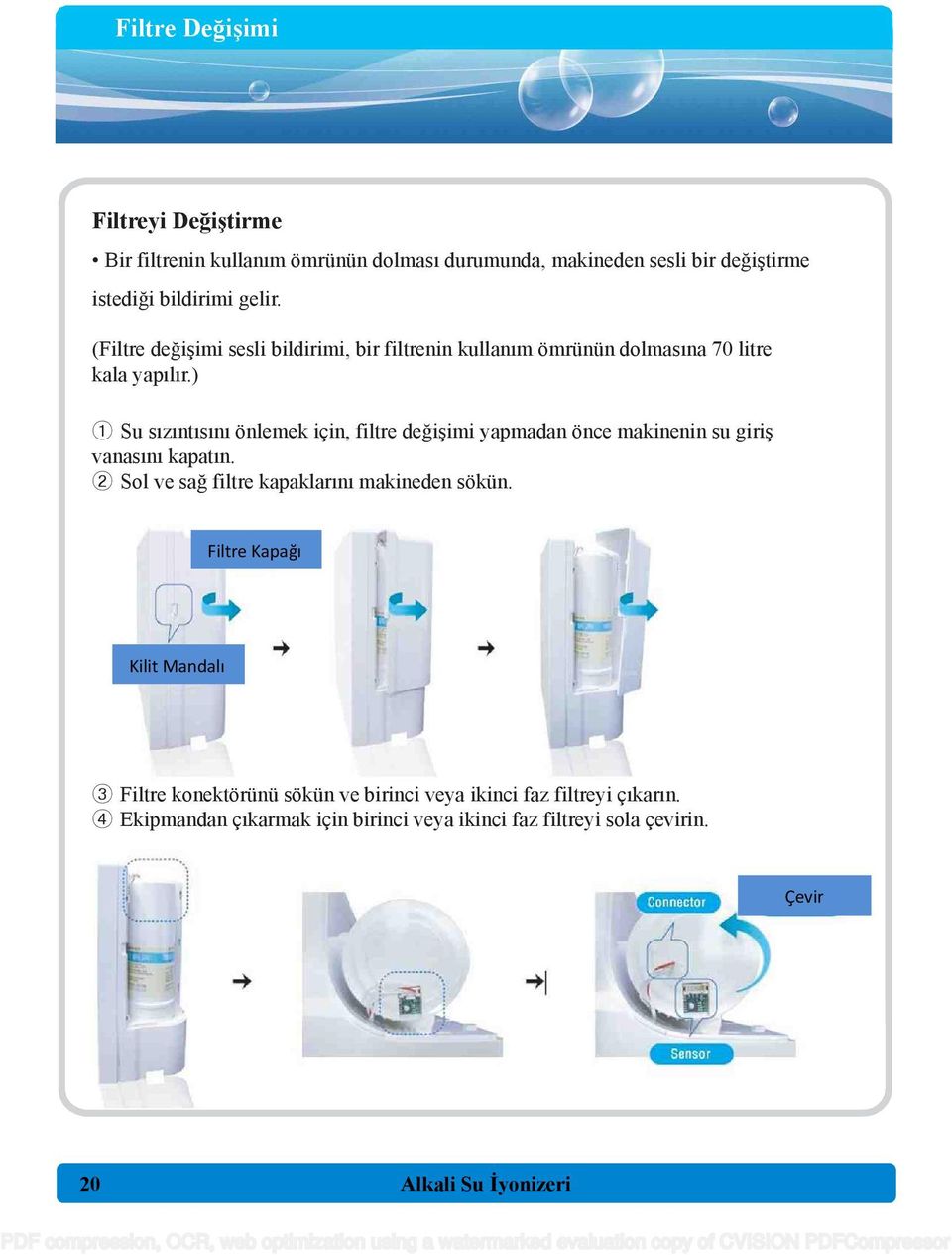 ) 1 Su sızıntısını önlemek için, filtre değişimi yapmadan önce makinenin su giriş vanasını kapatın. 2 Sol ve sağ filtre kapaklarını makineden sökün.