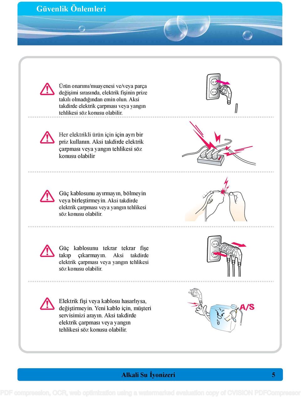 Aksi takdirde elektrik çarpması veya yangın tehlikesi söz konusu olabilir Güç kablosunu ayırmayın, bölmeyin veya birleştirmeyin.