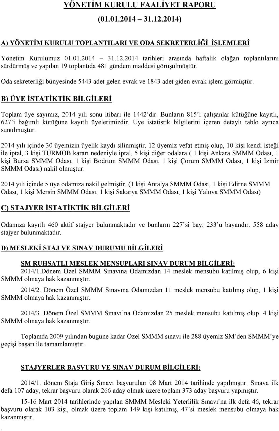 Bunların 815 i çalışanlar kütüğüne kayıtlı, 627 i bağımlı kütüğüne kayıtlı üyelerimizdir. Üye istatistik bilgilerini içeren detaylı tablo ayrıca sunulmuştur.