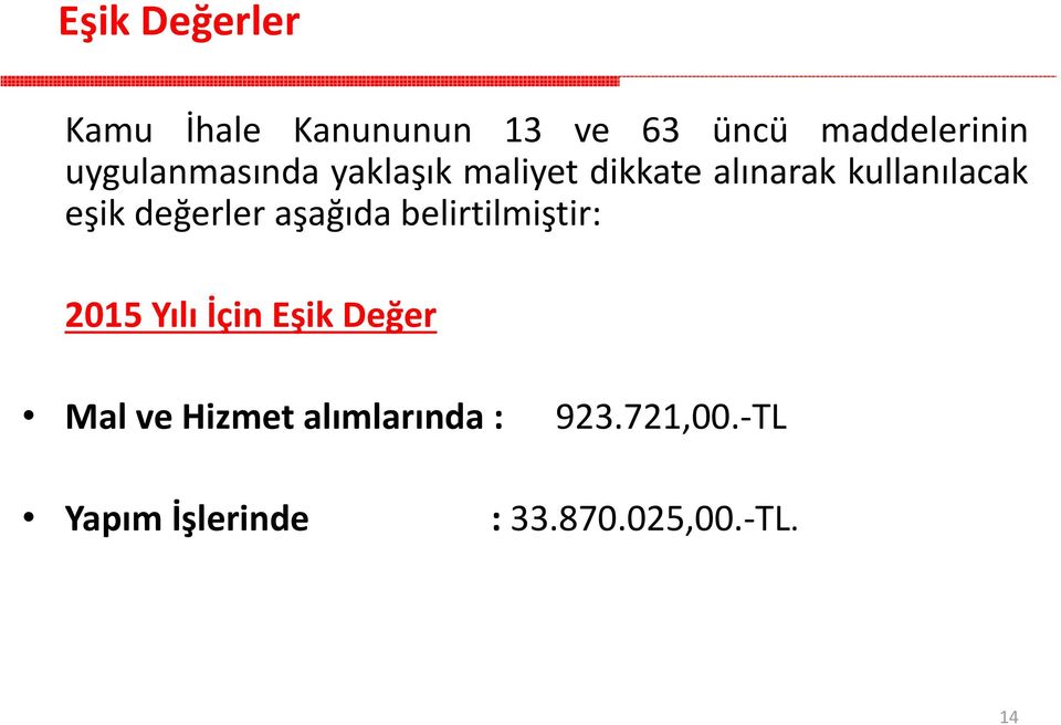 değerler aşağıda belirtilmiştir: 2015 Yılı İçin Eşik Değer Mal ve