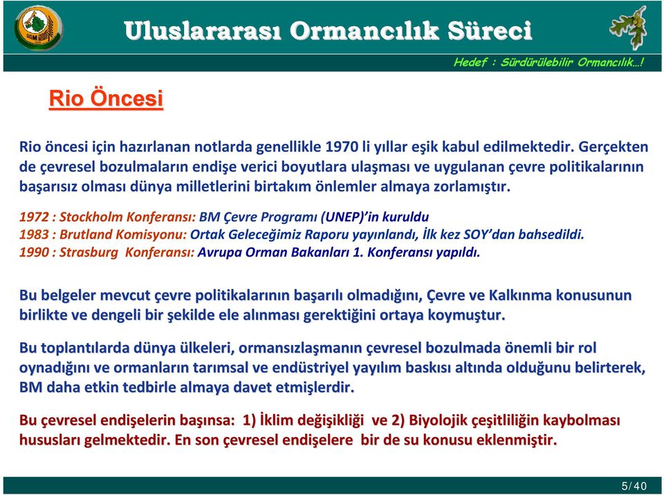 1972 : Stockholm Konferansı: BM Çevre Programı (UNEP) in kuruldu 1983 : Brutland Komisyonu: Ortak Geleceğimiz Raporu yayınlandı, İlk kez SOY dan bahsedildi.