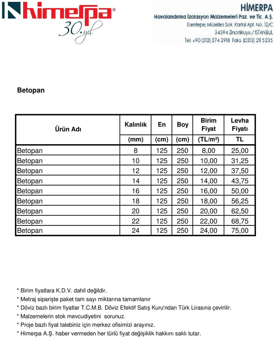 Birim fiyatlara K.D.V. dahil değildir. * Metraj siparişte paket tam sayı miktarına tamamlanır * Döviz bazlı birim fiyatlar T.C.M.B. Döviz Efektif Satış Kuru'ndan Türk Lirasına çevirilir.