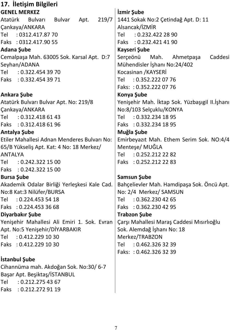 Kat:4No:18Merkez/ ANTALYA Tel :0.242.3221500 Faks :0.242.3221500 BursaŞube Akademik Odalar Birliği Yerleşkesi Kale Cad. No:8Kat:3Nilüfer/BURSA Tel :0.224.