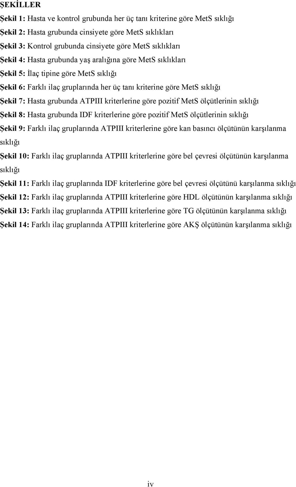 ATPIII kriterlerine göre pozitif MetS ölçütlerinin sıklığı Şekil 8: Hasta grubunda IDF kriterlerine göre pozitif MetS ölçütlerinin sıklığı Şekil 9: Farklı ilaç gruplarında ATPIII kriterlerine göre