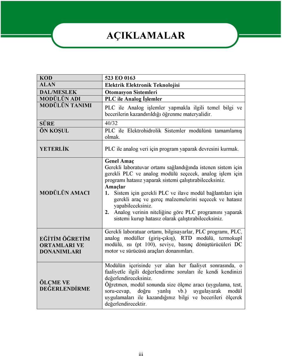 YETERLİK MODÜLÜN AMACI EĞİTİM ÖĞRETİM ORTAMLARI VE DONANIMLARI ÖLÇME VE DEĞERLENDİRME PLC ile analog veri için program yaparak devresini kurmak.