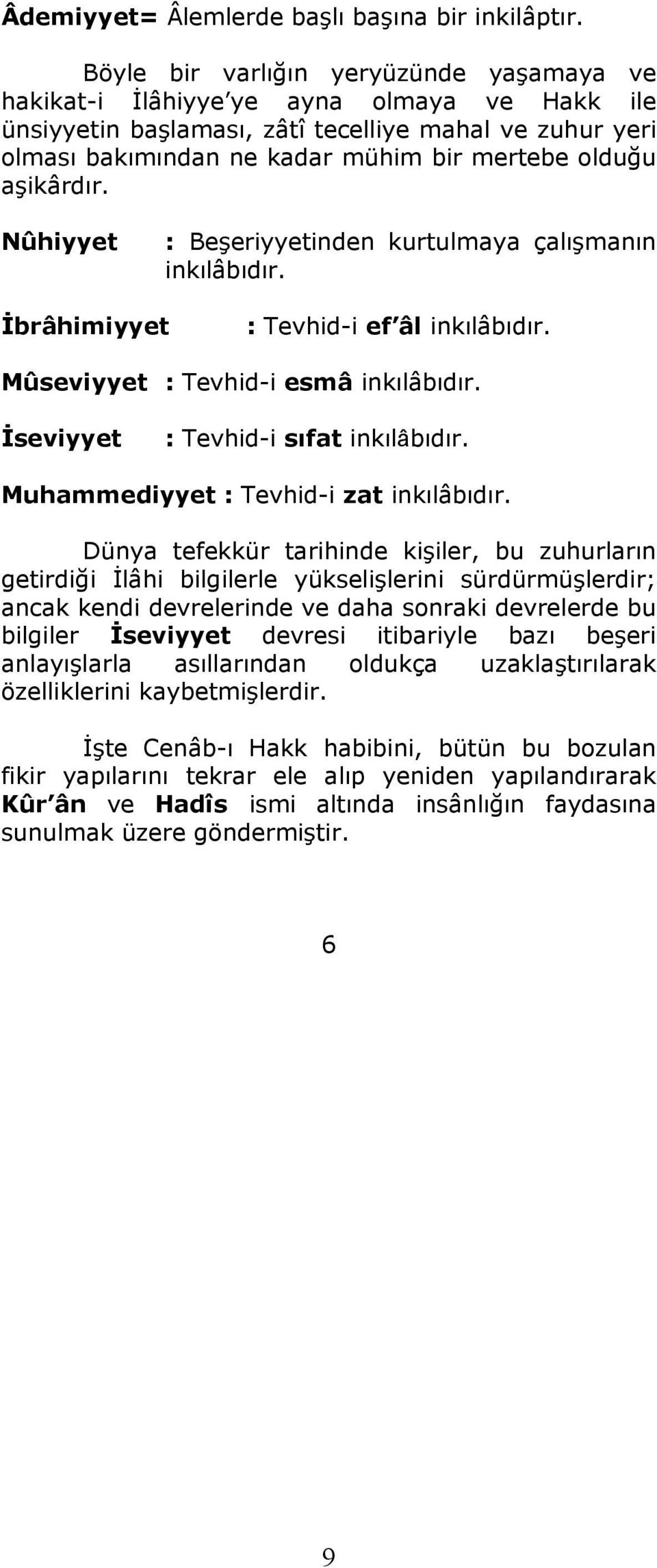 aşikârdır. Nûhiyyet : Beşeriyyetinden kurtulmaya çalışmanın inkılâbıdır. İbrâhimiyyet : Tevhid-i ef âl inkılâbıdır. Mûseviyyet : Tevhid-i esmâ inkılâbıdır. İseviyyet : Tevhid-i sıfat inkılâbıdır.