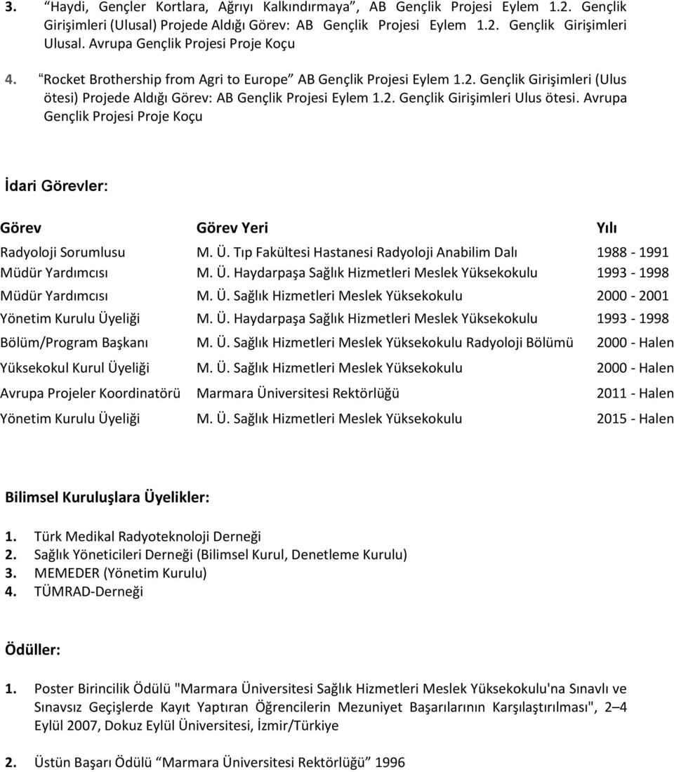 Avrupa Gençlik Projesi Proje Koçu İdari Görevler: Görev Görev Yeri Yılı Radyoloji Sorumlusu M. Ü. Tıp Fakültesi Hastanesi Radyoloji Anabilim Dalı 1988-1991 Müdür Yardımcısı M. Ü. Haydarpaşa Sağlık Hizmetleri Meslek Yüksekokulu 1993-1998 Müdür Yardımcısı M.