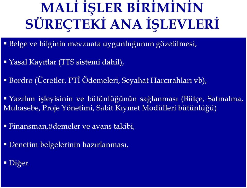 Yazılım işleyisinin ve bütünlüğünün sağlanması (Bütçe, Satınalma, Muhasebe, Proje Yönetimi, Sabit