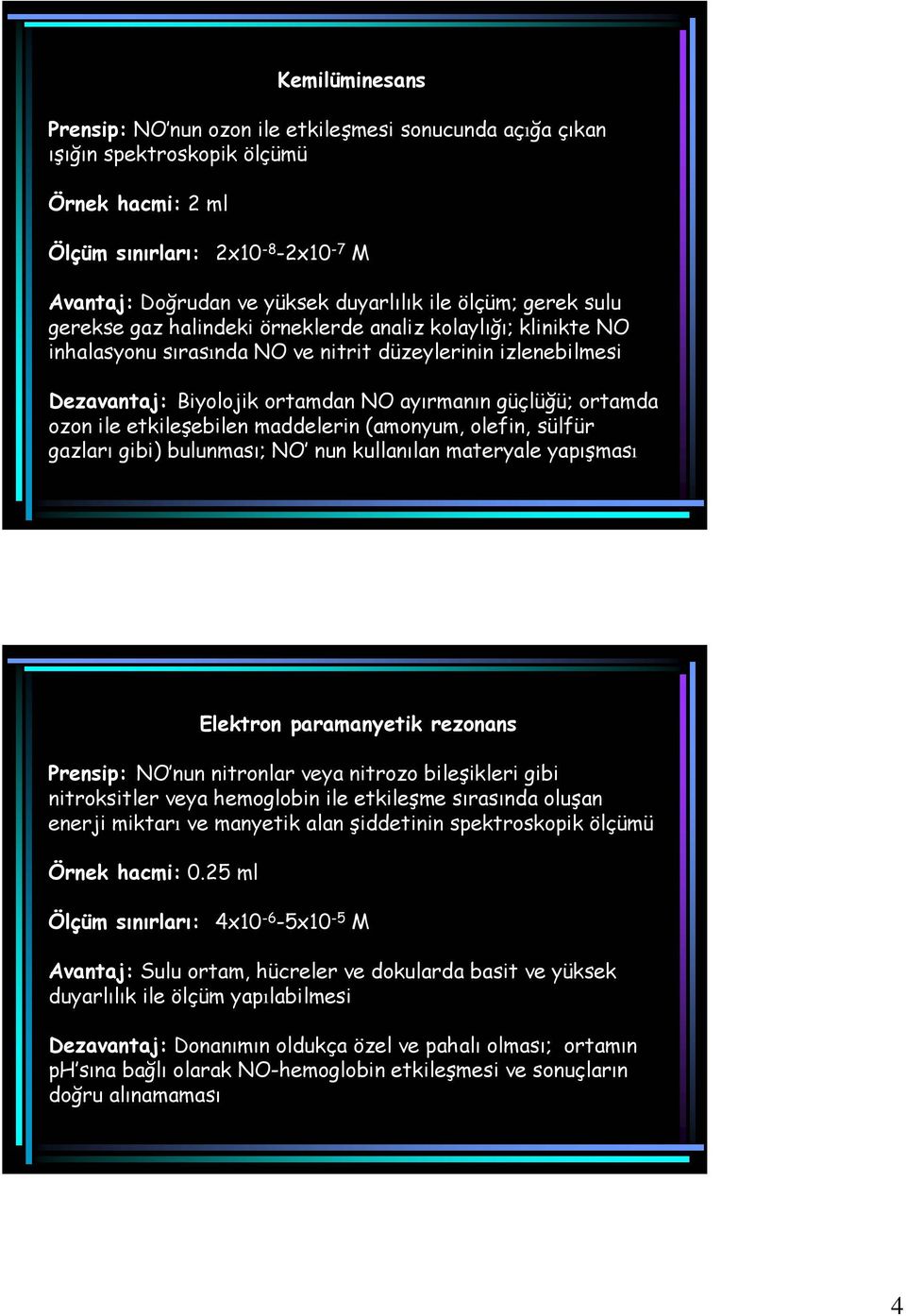 ortamda ozon ile etkileşebilen maddelerin (amonyum, olefin, sülfür gazları gibi) bulunması; NO nun kullanılan materyale yapışması Elektron paramanyetik rezonans Prensip: NO nun nitronlar veya nitrozo