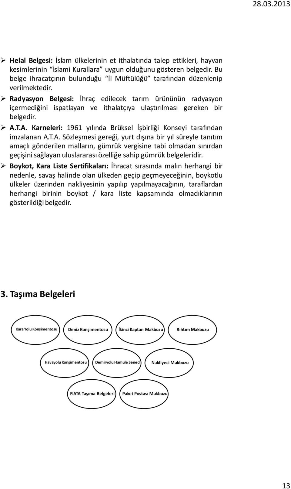 Radyasyon Belgesi: İhraç edilecek tarım ürününün radyasyon içermediğini ispatlayan ve ithalatçıya ulaştırılması gereken bir belgedir. A.