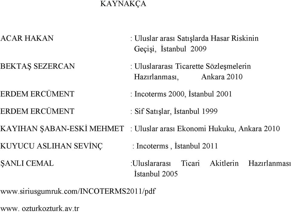 1999 KAYIHAN ŞABAN-ESKİ MEHMET : Uluslar arası Ekonomi Hukuku, Ankara 2010 KUYUCU ASLIHAN SEVİNÇ : Incoterms, İstanbul 2011