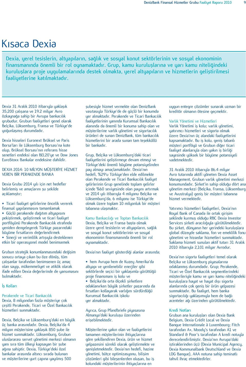 Dexia 31 Aralık 2010 itibarıyla yaklaşık 35,200 çalışana ve 19.2 milyar Avro özkaynağa sahip bir Avrupa bankacılık grubudur.