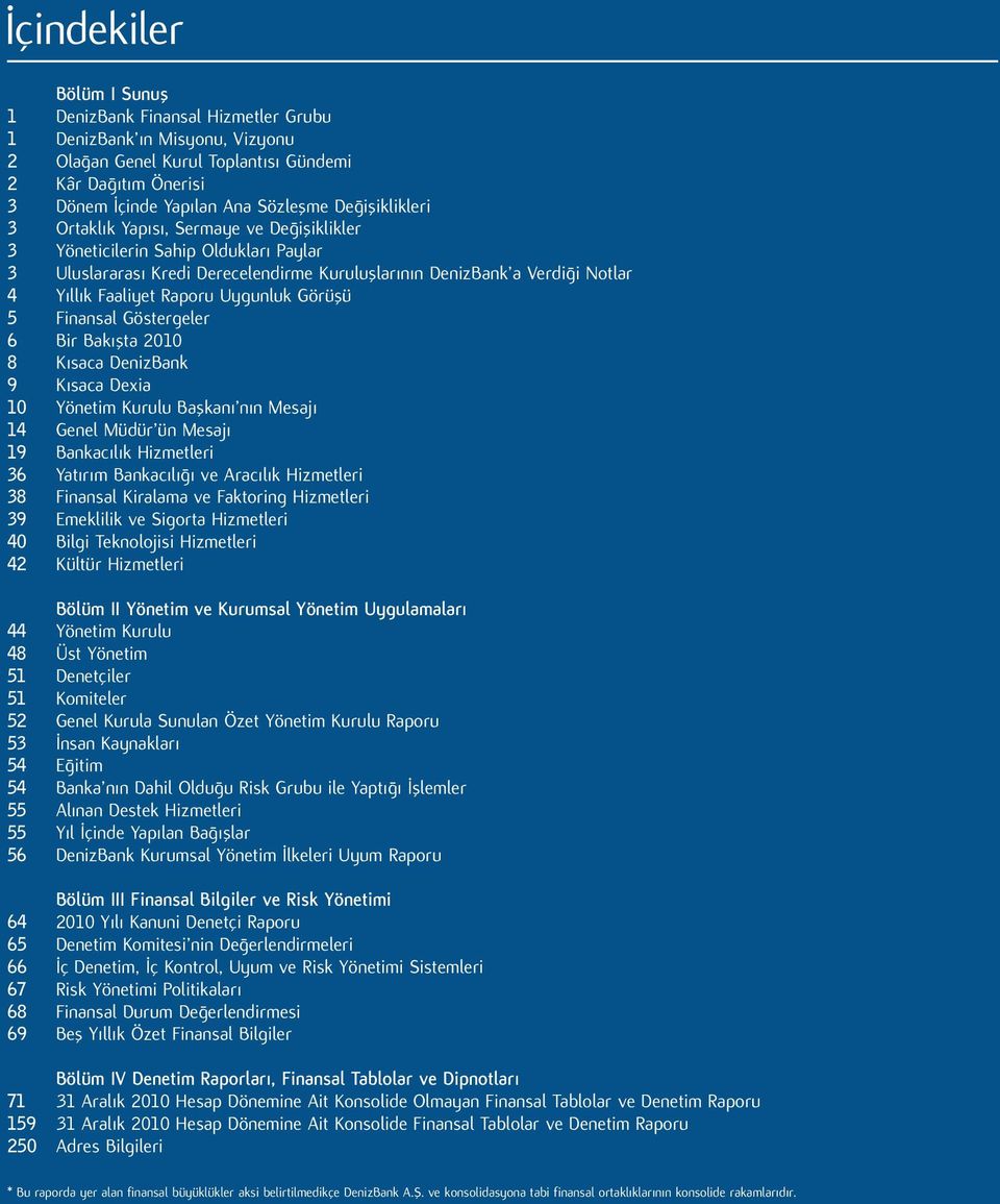 Raporu Uygunluk Görüşü 5 Finansal Göstergeler 6 Bir Bakışta 2010 8 Kısaca DenizBank 9 Kısaca Dexia 10 Yönetim Kurulu Başkanı nın Mesajı 14 Genel Müdür ün Mesajı 19 Bankacılık Hizmetleri 36 Yatırım