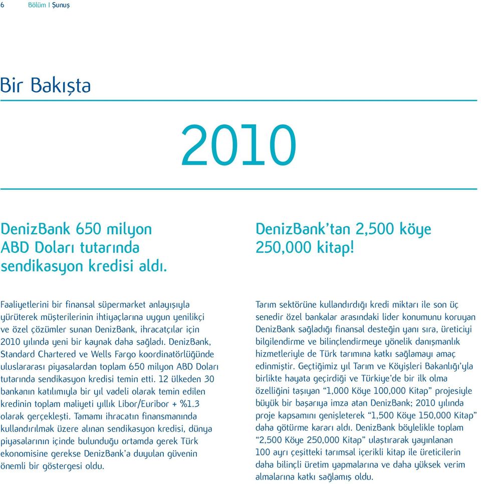 sağladı. DenizBank, Standard Chartered ve Wells Fargo koordinatörlüğünde uluslararası piyasalardan toplam 650 milyon ABD Doları tutarında sendikasyon kredisi temin etti.