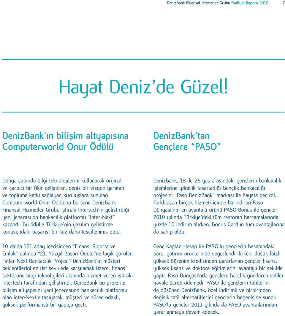 ve topluma katkı sağlayan kuruluşlara sunulan Computerworld Onur Ödülünü bu sene DenizBank Finansal Hizmetler Grubu iştiraki Intertech in geliştirdiği yeni jenerasyon bankacılık platformu inter-next