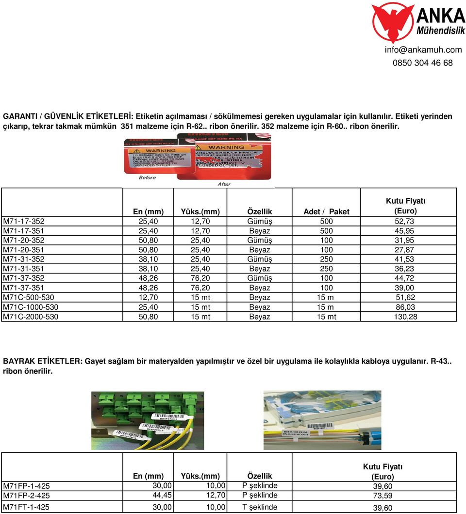 (mm) Özellik Adet / Paket M71-17-352 25,40 12,70 Gümüş 500 52,73 M71-17-351 25,40 12,70 Beyaz 500 45,95 M71-20-352 50,80 25,40 Gümüş 100 31,95 M71-20-351 50,80 25,40 Beyaz 100 27,87 M71-31-352 38,10