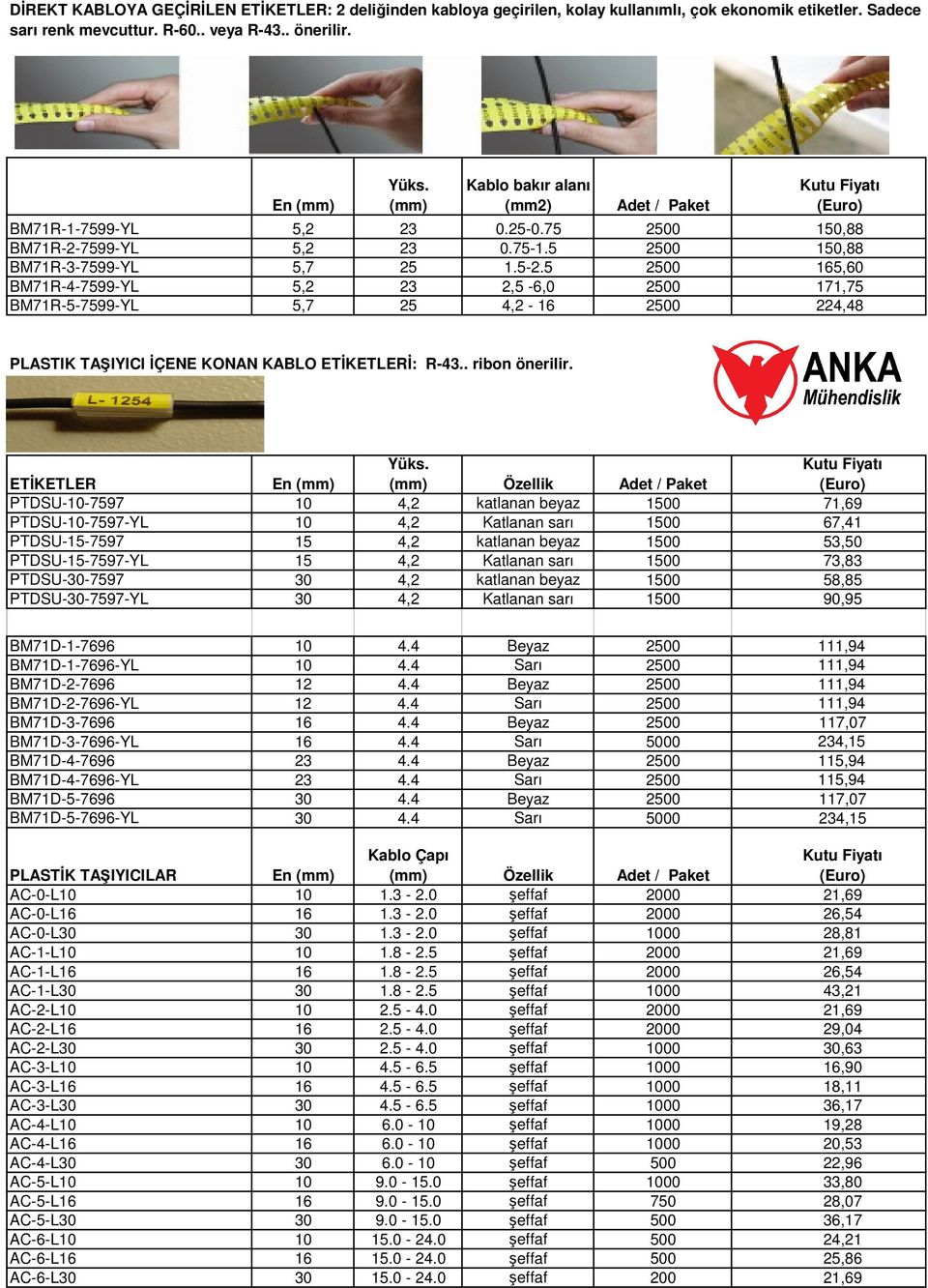 5 2500 165,60 BM71R-4-7599-YL 5,2 23 2,5-6,0 2500 171,75 BM71R-5-7599-YL 5,7 25 4,2-16 2500 224,48 PLASTIK TAŞIYICI İÇENE KONAN KABLO ETİKETLERİ: R-43.. ribon önerilir.