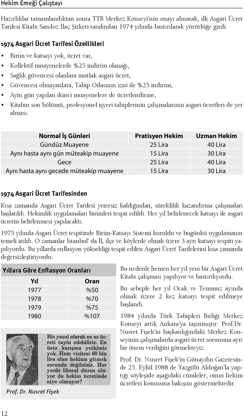 Odasının izni ile %25 indirim, Aynı gün yapılan ikinci muayenelere de ücretlendirme, Kitabın son bölümü, profesyonel işyeri tabiplerinin çalışmalarının asgari ücretleri de yer alması.