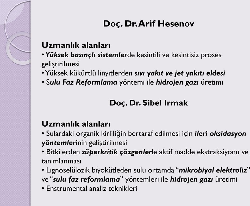 jet yakıtı eldesi Sulu Faz Reformlama yöntemi ile hidrojen gazı üretimi  Sibel Irmak Uzmanlık alanları Sulardaki organik kirliliğin bertaraf edilmesi