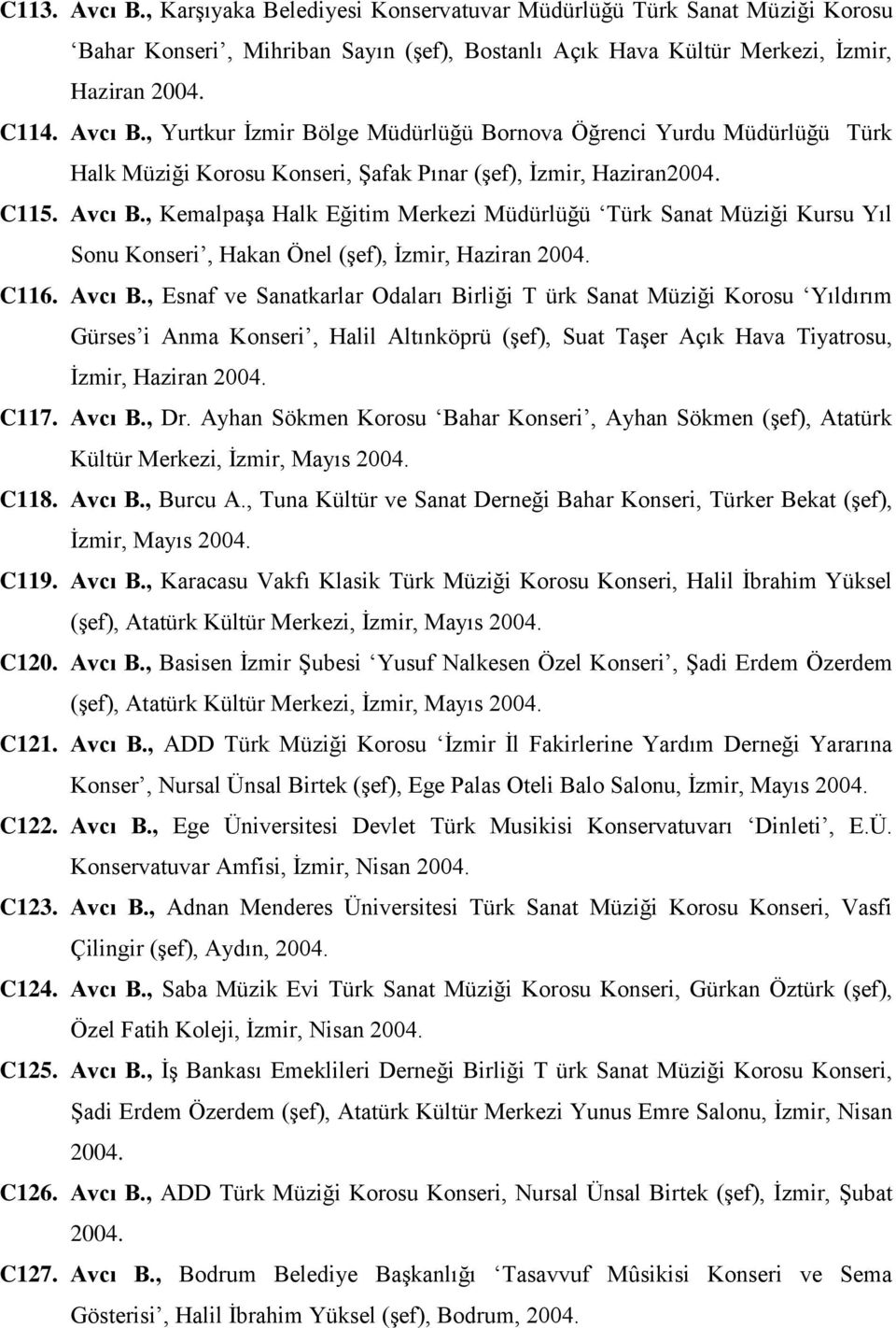 C117. Avcı B., Dr. Ayhan Sökmen Korosu Bahar Konseri, Ayhan Sökmen (şef), Atatürk Kültür Merkezi, İzmir, Mayıs 2004. C118. Avcı B., Burcu A.