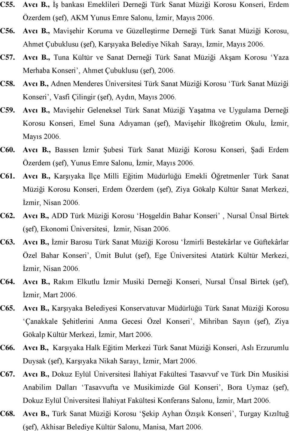 C59. Avcı B., Mavişehir Geleneksel Türk Sanat Müziği Yaşatma ve Uygulama Derneği Korosu Konseri, Emel Suna Adıyaman (şef), Mavişehir İlköğretim Okulu, İzmir, Mayıs 2006. C60. Avcı B., Basısen İzmir Şubesi Türk Sanat Müziği Korosu Konseri, Şadi Erdem Özerdem (şef), Yunus Emre Salonu, İzmir, Mayıs 2006.