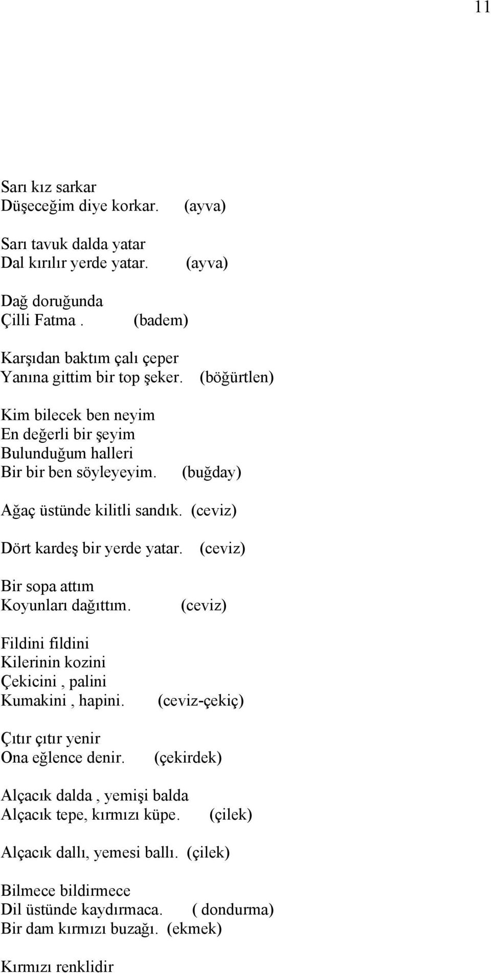 (buğday) Ağaç üstünde kilitli sandık. (ceviz) Dört kardeş bir yerde yatar. (ceviz) Bir sopa attım Koyunları dağıttım. Fildini fildini Kilerinin kozini Çekicini, palini Kumakini, hapini.