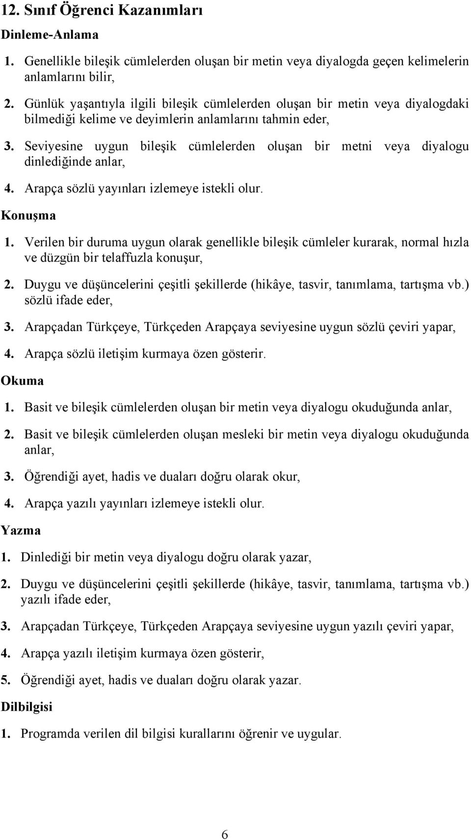 Seviyesine uygun bileşik cümlelerden oluşan bir metni veya diyalogu dinlediğinde anlar, 4. Arapça sözlü yayınları izlemeye istekli olur. Konuşma 1.