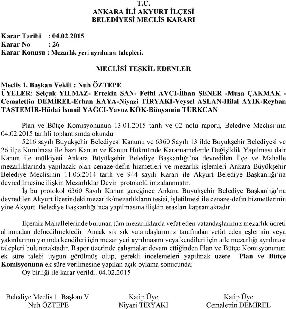 mülkiyeti Ankara Büyükşehir Belediye Başkanlığı na devredilen İlçe ve Mahalle mezarlıklarında yapılacak olan cenaze-defin hizmetleri ve mezarlık işlemleri Ankara Büyükşehir Belediye Meclisinin 11.06.