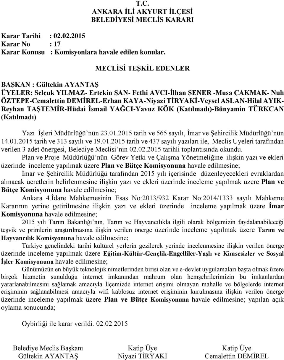 TAŞTEMİR-Hüdai İsmail YAĞCI-Yavuz KÖK (Katılmadı)-Bünyamin TÜRKCAN (Katılmadı) Yazı İşleri Müdürlüğü nün 23.01.2015 tarih ve 565 sayılı, İmar ve Şehircilik Müdürlüğü nün 14.01.2015 tarih ve 313 sayılı ve 19.