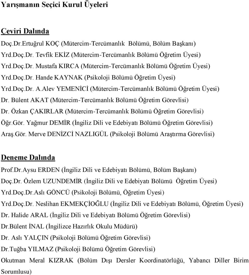 Özkan ÇAKIRLAR (Mütercim-Tercümanlık Bölümü Öğretim Görevlisi) Öğr.Gör. Yağmur DEMİR (İngiliz Dili ve Edebiyatı Bölümü Öğretim Görevlisi) Araş.Gör. Merve DENİZCİ NAZLIGÜL (Psikoloji Bölümü Araştırma Görevlisi) Deneme Dalında Prof.