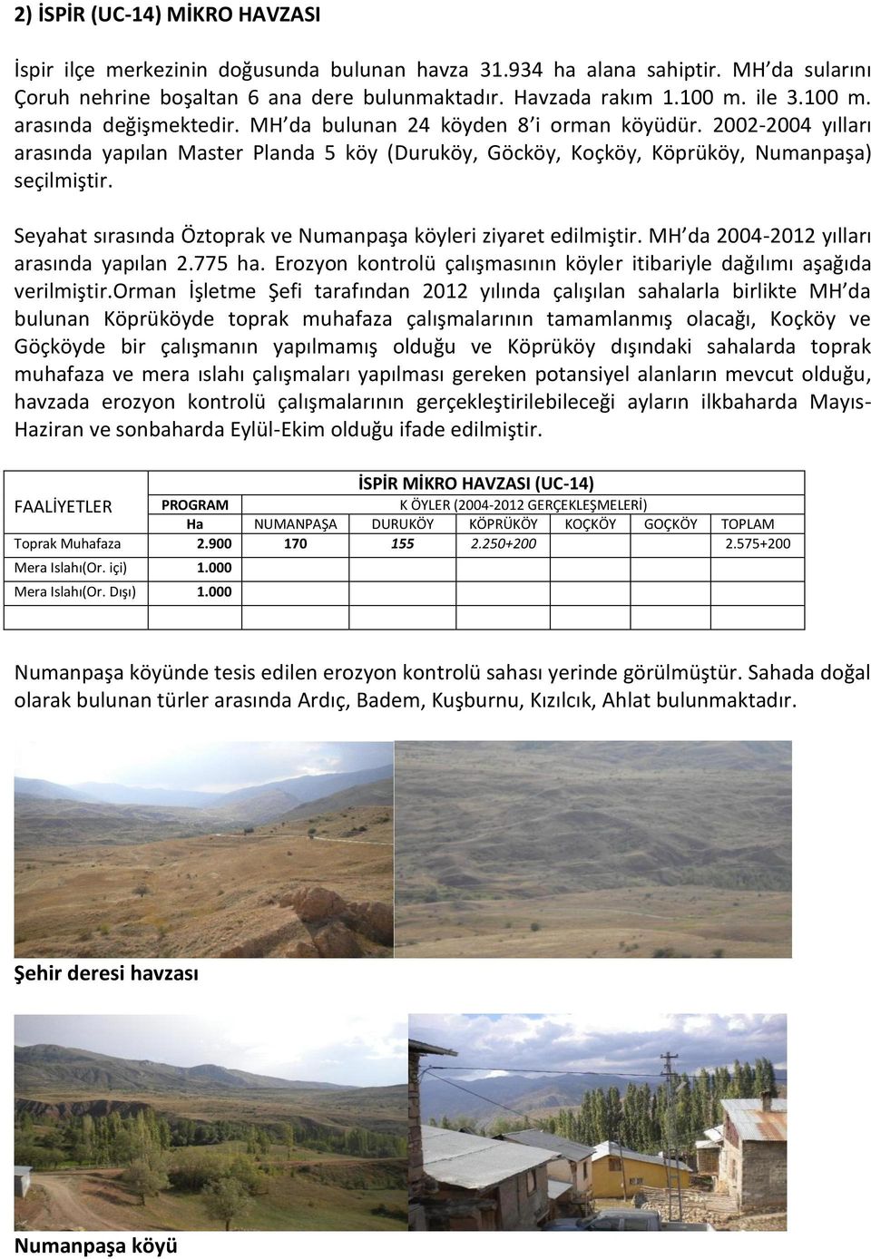 Seyahat sırasında Öztoprak ve Numanpaşa köyleri ziyaret edilmiştir. MH da 2004-2012 yılları arasında yapılan 2.775 ha. Erozyon kontrolü çalışmasının köyler itibariyle dağılımı aşağıda verilmiştir.