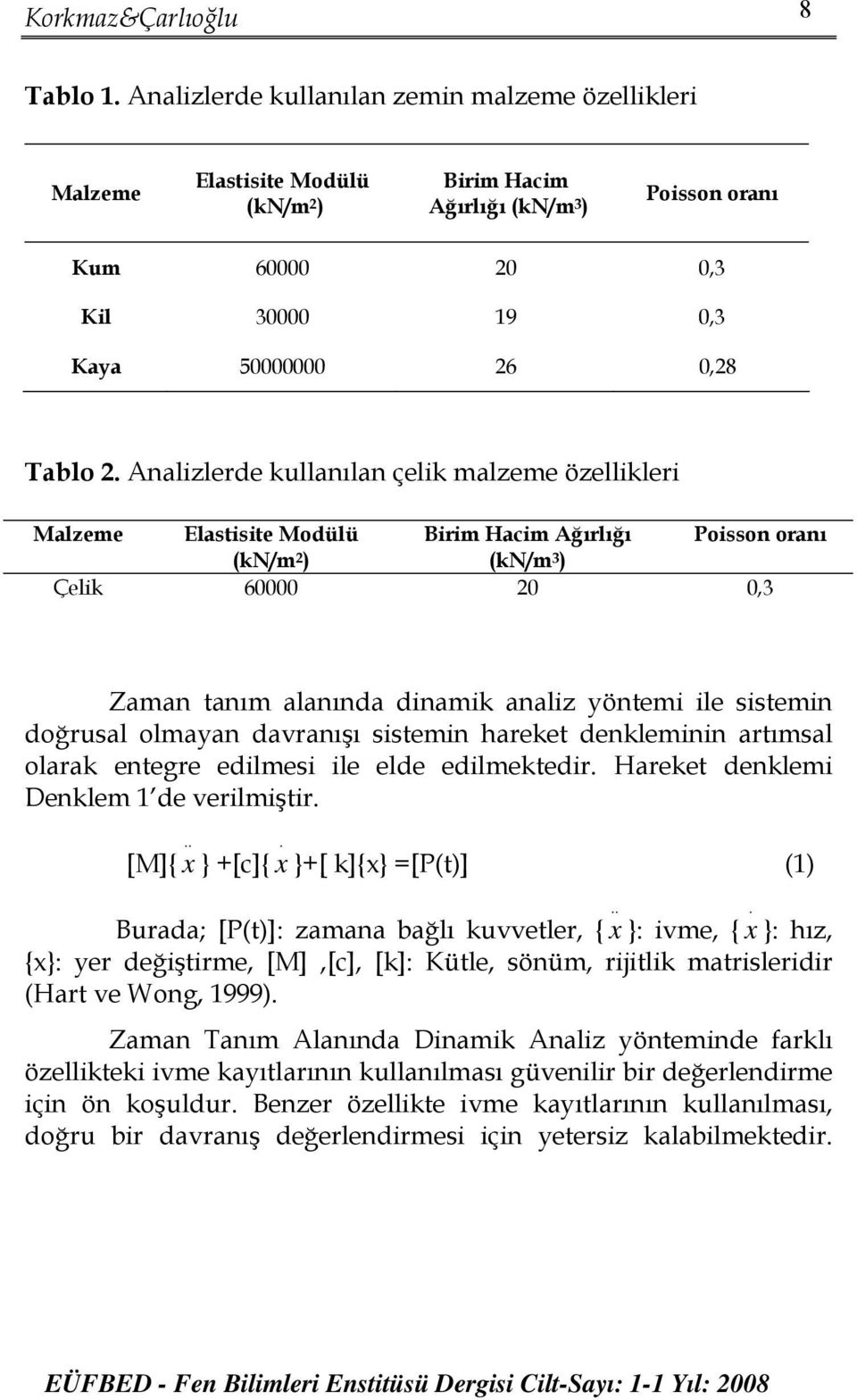 Analizlerde kullanılan çelik malzeme özellikleri Malzeme Elastisite Modülü Birim Hacim Ağırlığı Poisson oranı (kn/m 2 ) (kn/m 3 ) Çelik 60000 20 0,3 Zaman tanım alanında dinamik analiz yöntemi ile