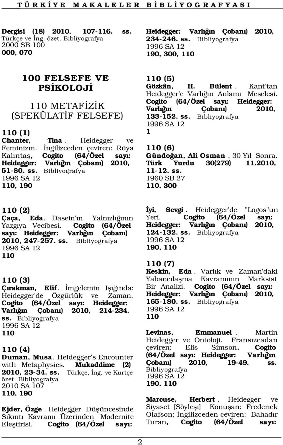 Kant'tan Heidegger'e Varl n Anlam Meselesi. Cogito (64/Özel say : Heidegger: Varl n Çoban ) 2010, 133-152. ss. 1996 SA 12 1 110 (6) Gündo an, Ali Osman. 30 Y l Sonra. Türk Yurdu 30(279) 11.