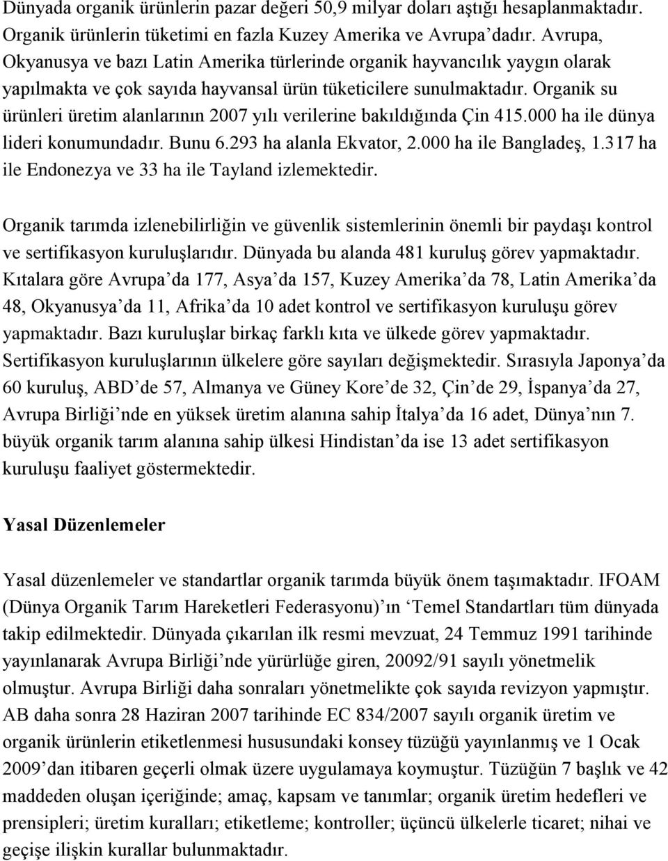 Organik su ürünleri üretim alanlarının 2007 yılı verilerine bakıldığında Çin 415.000 ha ile dünya lideri konumundadır. Bunu 6.293 ha alanla Ekvator, 2.000 ha ile Bangladeş, 1.