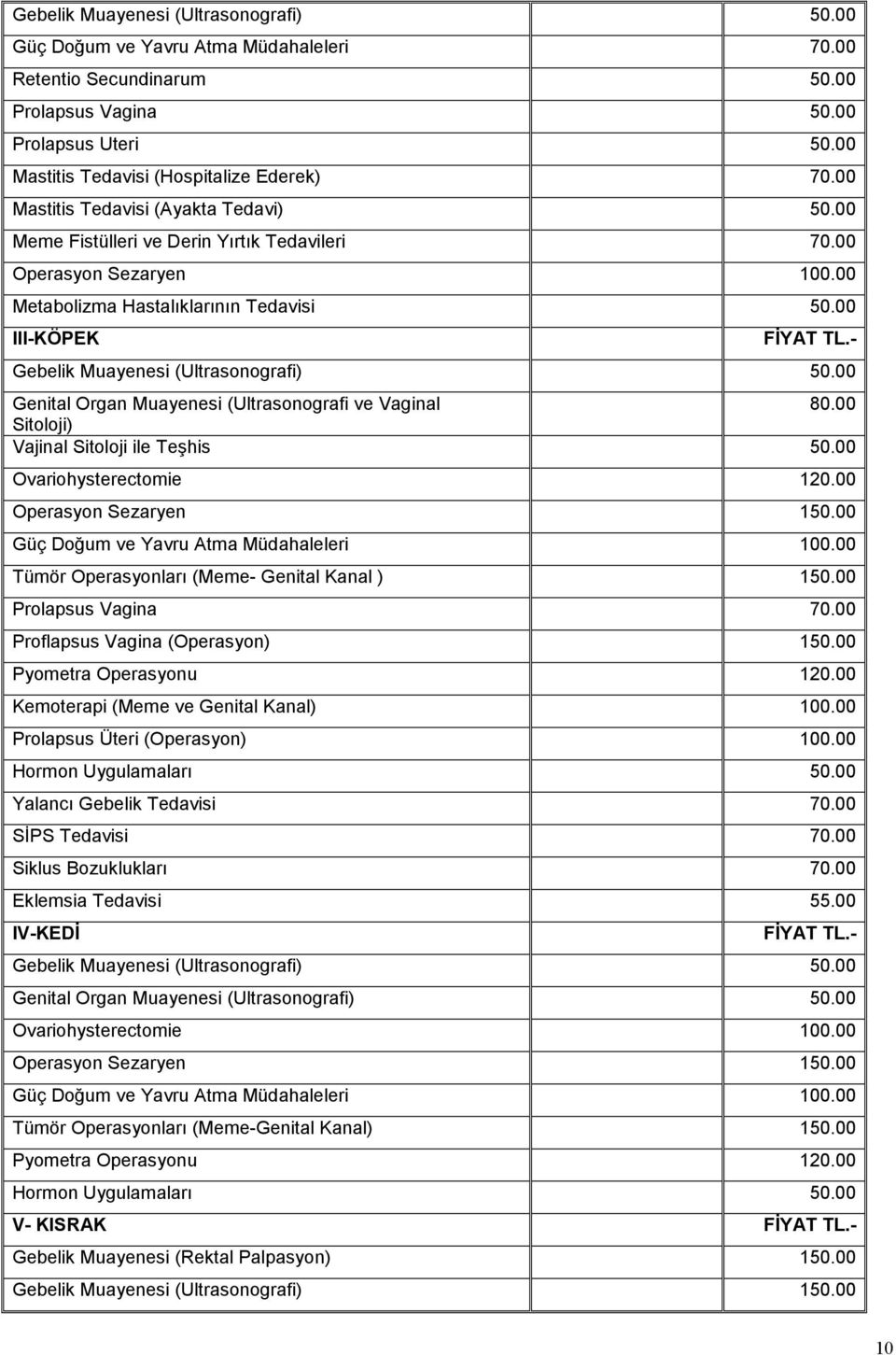 00 III-KÖPEK Gebelik Muayenesi (Ultrasonografi) 50.00 Genital Organ Muayenesi (Ultrasonografi ve Vaginal 80.00 Sitoloji) Vajinal Sitoloji ile Teşhis 50.00 Ovariohysterectomie 120.