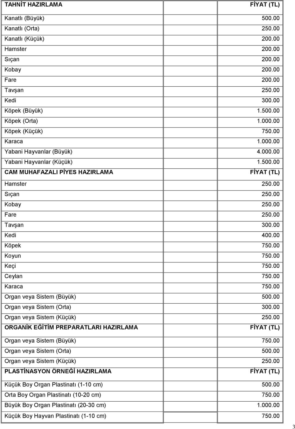 00 Tavşan 300.00 Kedi 400.00 Köpek 750.00 Koyun 750.00 Keçi 750.00 Ceylan 750.00 Karaca 750.00 Organ veya Sistem (Büyük) 500.00 Organ veya Sistem (Orta) 300.00 Organ veya Sistem (Küçük) 250.