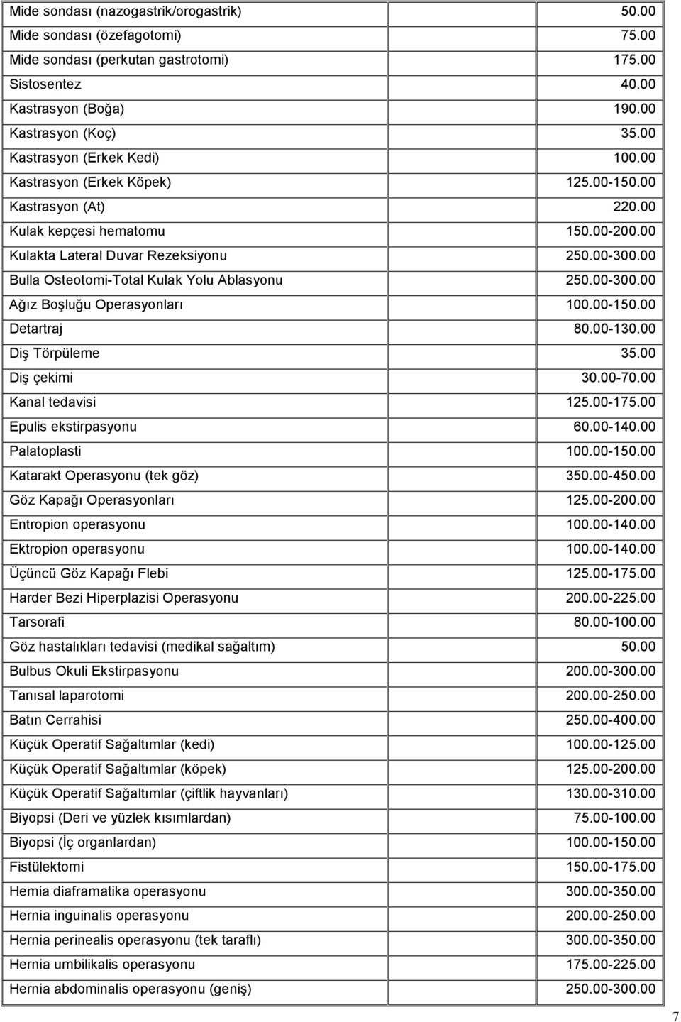 00 Bulla Osteotomi-Total Kulak Yolu Ablasyonu 250.00-300.00 Ağız Boşluğu Operasyonları 100.00-150.00 Detartraj 80.00-130.00 Diş Törpüleme 35.00 Diş çekimi 30.00-70.00 Kanal tedavisi 125.00-175.