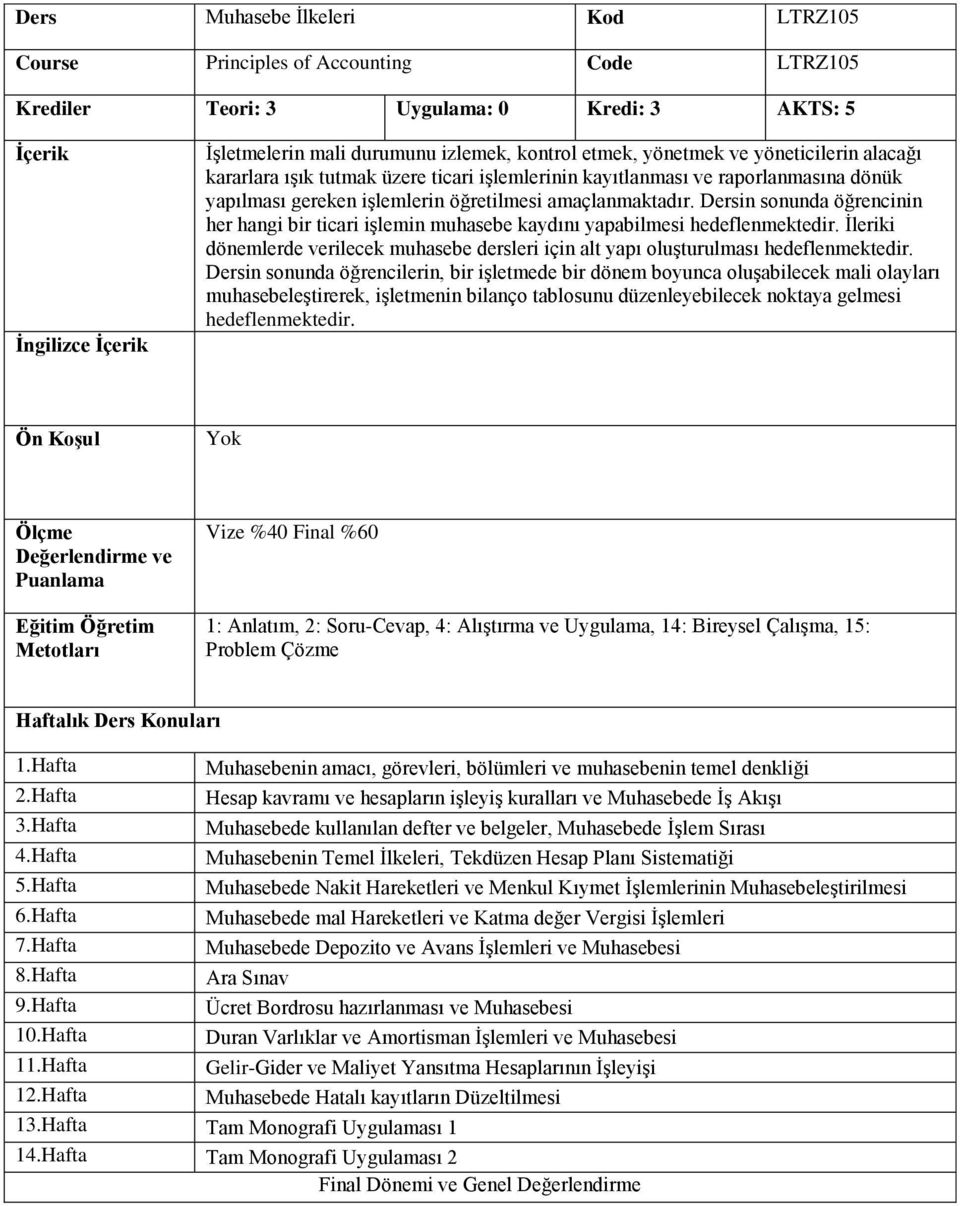 Dersin sonunda öğrencinin her hangi bir ticari işlemin muhasebe kaydını yapabilmesi hedeflenmektedir. İleriki dönemlerde verilecek muhasebe dersleri için alt yapı oluşturulması hedeflenmektedir.