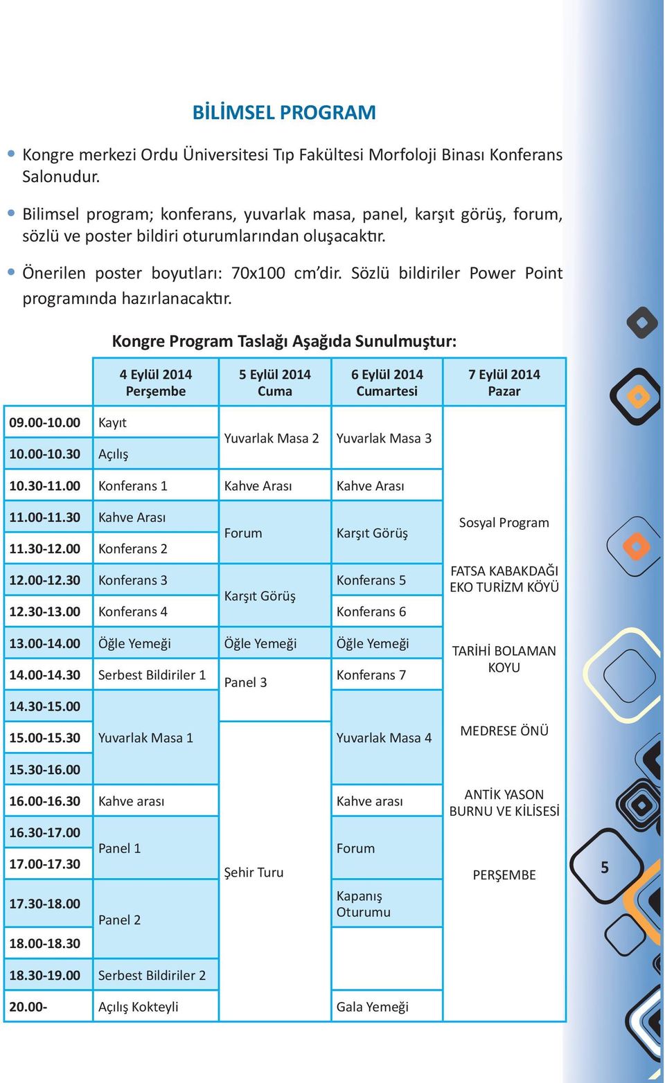 Sözlü bildiriler Power Point programında hazırlanacaktır. Kongre Program Taslağı Aşağıda Sunulmuştur: 4 Eylül 2014 Perşembe 5 Eylül 2014 Cuma 6 Eylül 2014 Cumartesi 7 Eylül 2014 Pazar 09.00-10.