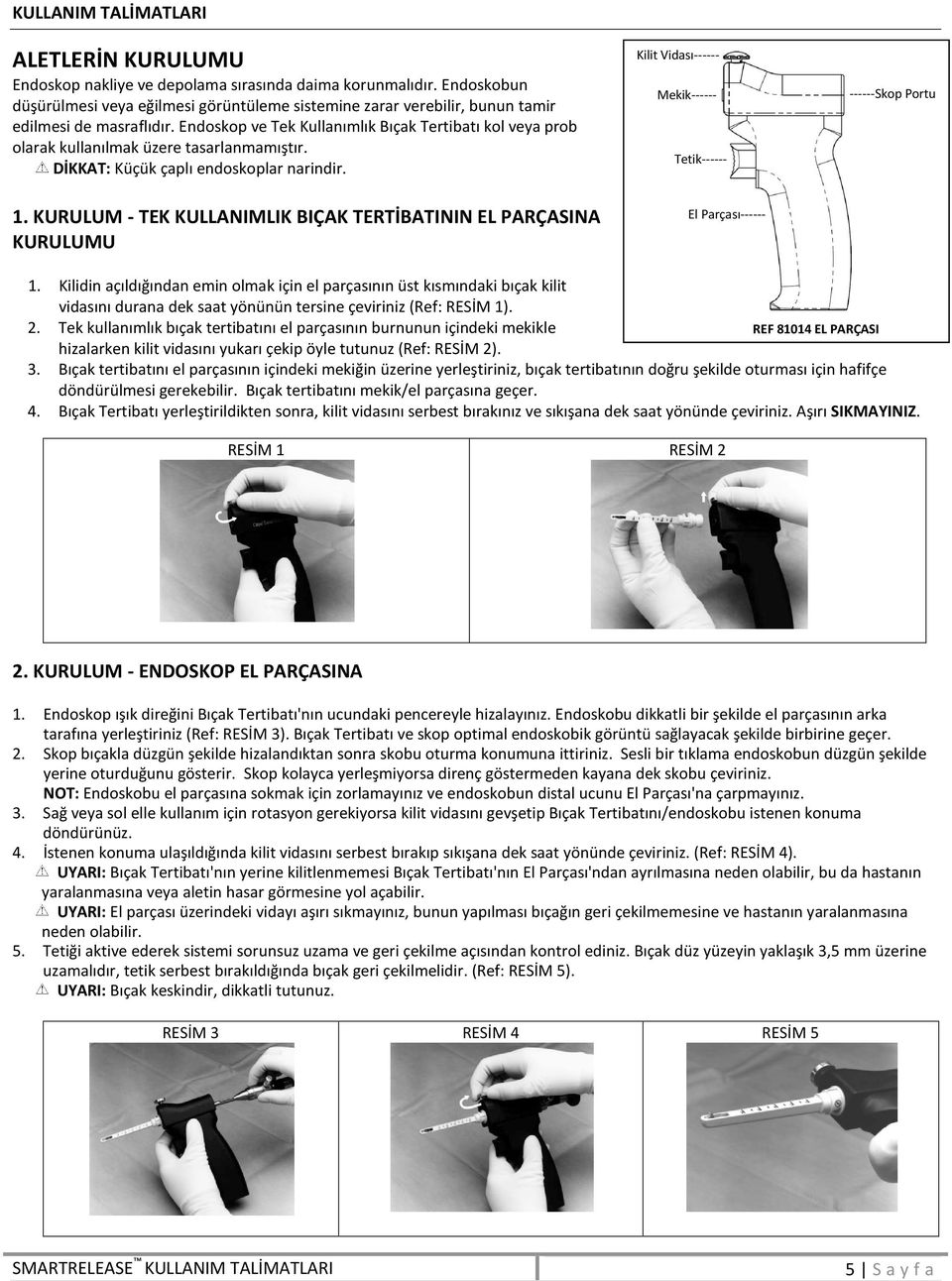 KURULUM - TEK KULLANIMLIK BIÇAK TERTİBATININ EL PARÇASINA KURULUMU Kilit Vidası------ Mekik------ Tetik------ El Parçası------ ------Skop Portu 1.