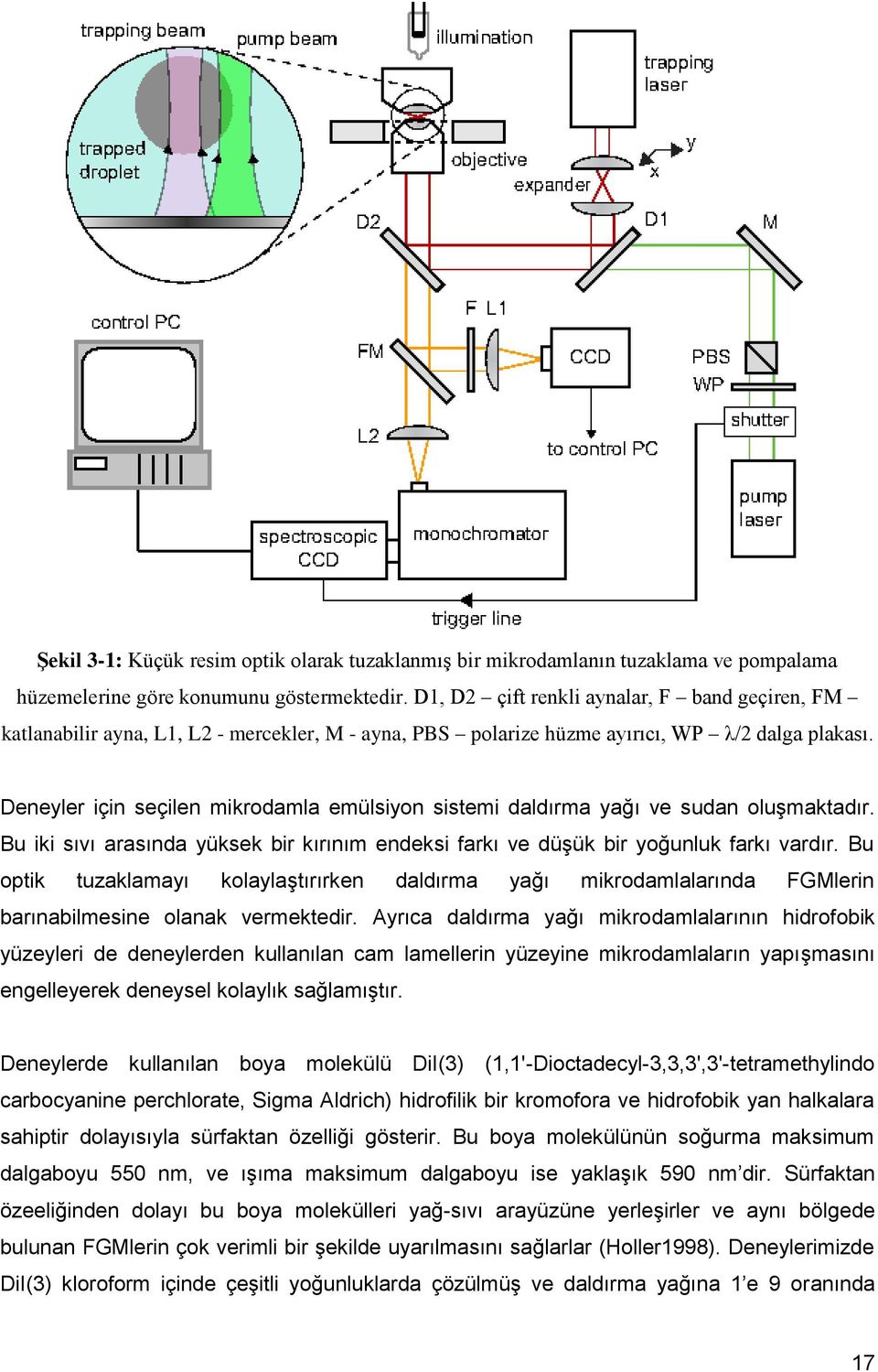 Deneyler için seçilen mikrodamla emülsiyon sistemi daldırma yağı ve sudan oluşmaktadır. Bu iki sıvı arasında yüksek bir kırınım endeksi farkı ve düşük bir yoğunluk farkı vardır.