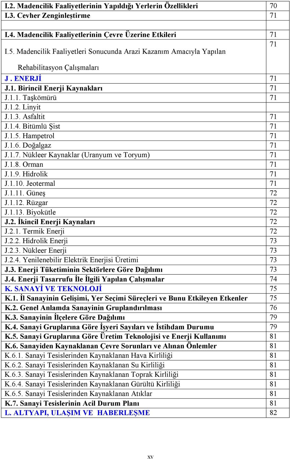 Bitümlü Şist 71 J.1.5. Hampetrol 71 J.1.6. Doğalgaz 71 J.1.7. Nükleer Kaynaklar (Uranyum ve Toryum 71 J.1.8. Orman 71 J.1.9. Hidrolik 71 J.1.10. Jeotermal 71 J.1.11. Güneş 72 J.1.12. Rüzgar 72 J.1.13.