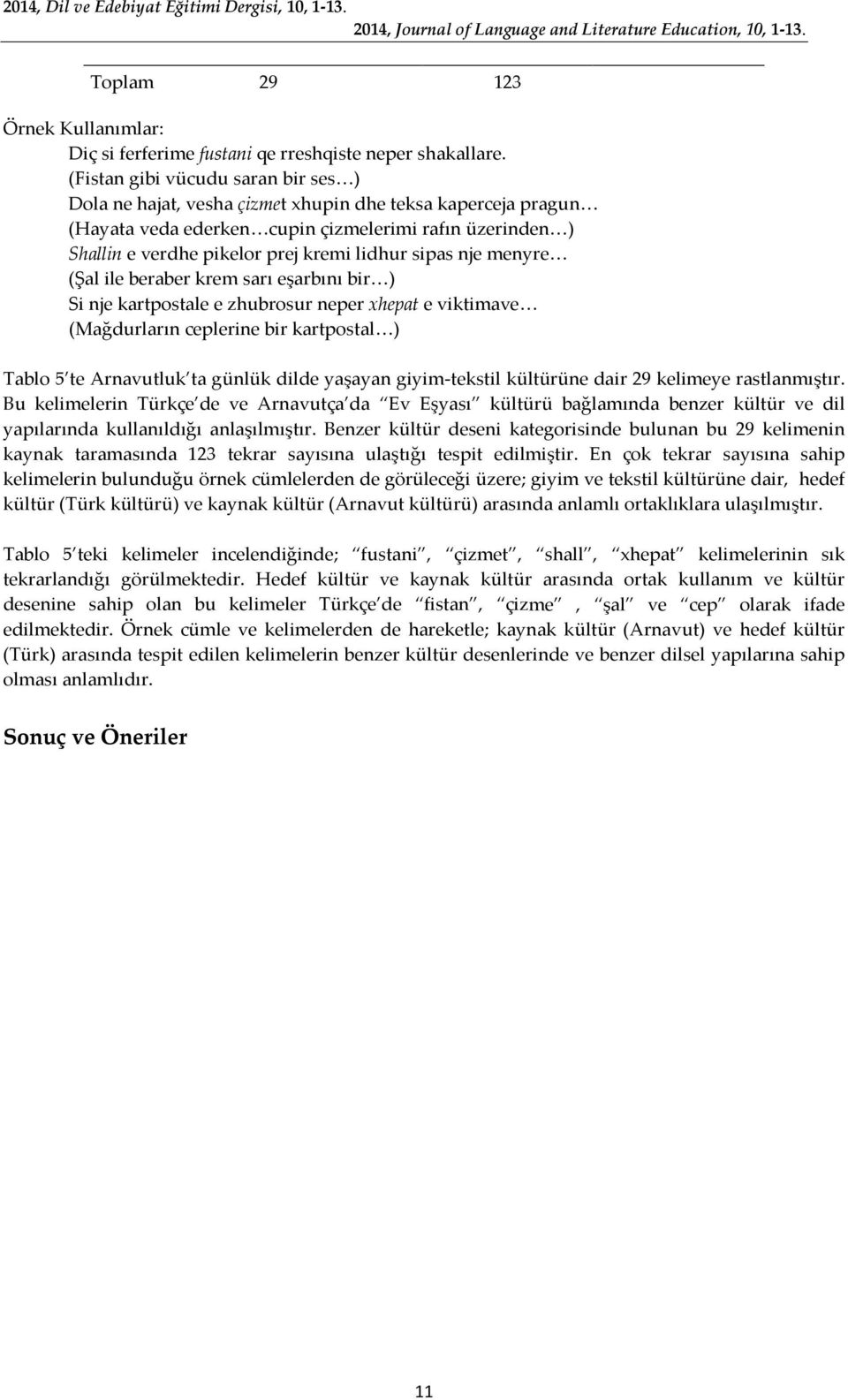 sipas nje menyre (Şal ile beraber krem sarı eşarbını bir ) Si nje kartpostale e zhubrosur neper xhepat e viktimave (Mağdurların ceplerine bir kartpostal ) Tablo 5 te Arnavutluk ta günlük dilde