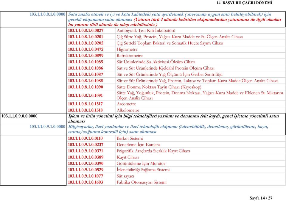 1.1.0.8.1.0.0202 Çiğ Sütteki Toplam Bakteri ve Somatik Hücre Sayım Cihazı 103.1.1.0.8.1.0.0472 Higrometre 103.1.1.0.8.1.0.0899 Refraktometre 103.1.1.0.8.1.0.1085 Süt Ürünlerinde Su Aktivitesi Ölçüm Cihazı 103.