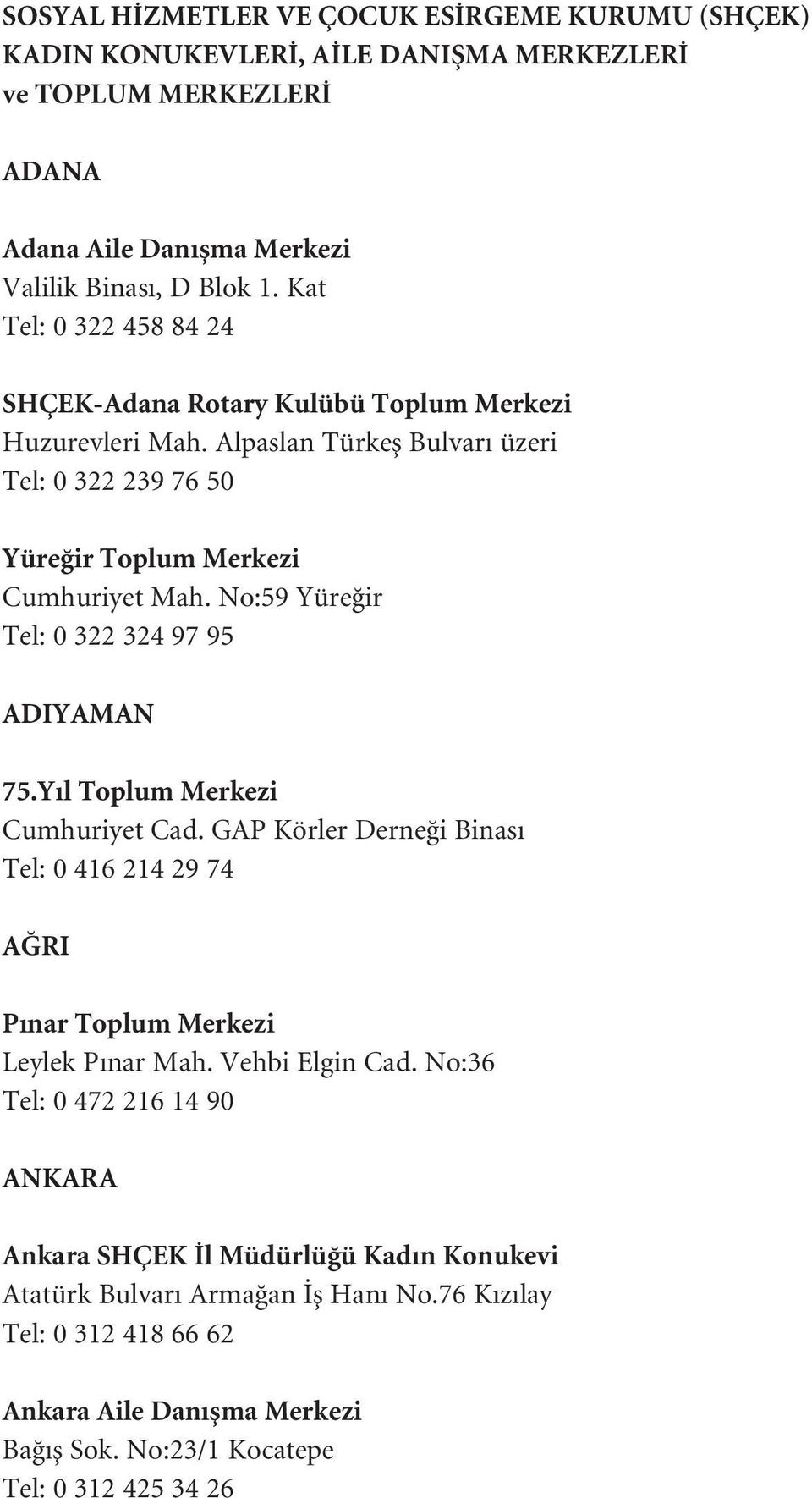 No:59 Yüre ir Tel: 0 322 324 97 95 ADIYAMAN 75.Y l Toplum Merkezi Cumhuriyet Cad. GAP Körler Derne i Binas Tel: 0 416 214 29 74 A RI P nar Toplum Merkezi Leylek P nar Mah. Vehbi Elgin Cad.