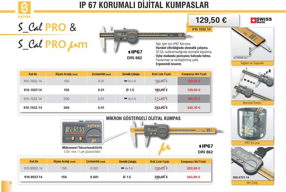 5 (150,200 mm) Sağlam ve Dayanıklı Kod No Ölçüm Aralığı [mm] Çözünürlük [mm] Derinlik Çubuğu Brüt Liste Fiyatı Kampanya Net Fiyatı 910.1502.14 150 0.01 4x1.4 185,00 129,50 910.1507.14 150 0.01 Ø 1.