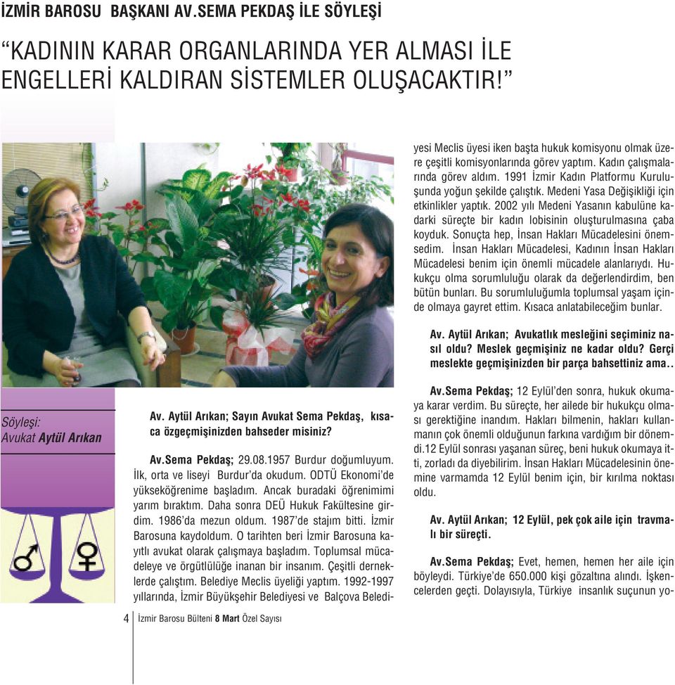 1987 de staj m bitti. zmir Barosuna kaydoldum. O tarihten beri zmir Barosuna kay tl avukat olarak çal flmaya bafllad m. Toplumsal mücadeleye ve örgütlülü e inanan bir insan m.